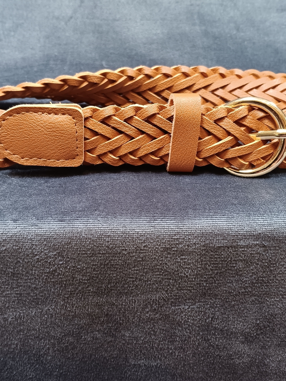 Woven Tan Women's Belt with Gold Double-Ring Buckle
